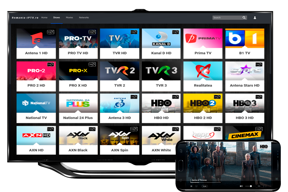 Interfață Diaspora IPTV pe Smart TV cu listă de canale românești și filme subtitrate